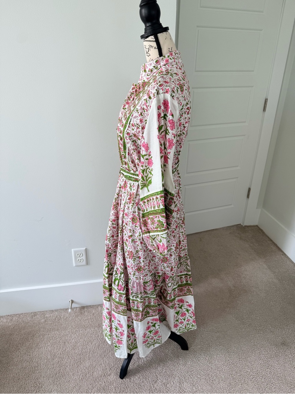 Like New XL Sue Sartor Floral Belted Flounce Midi Dress in Pink & Green - Picture 11 of 13